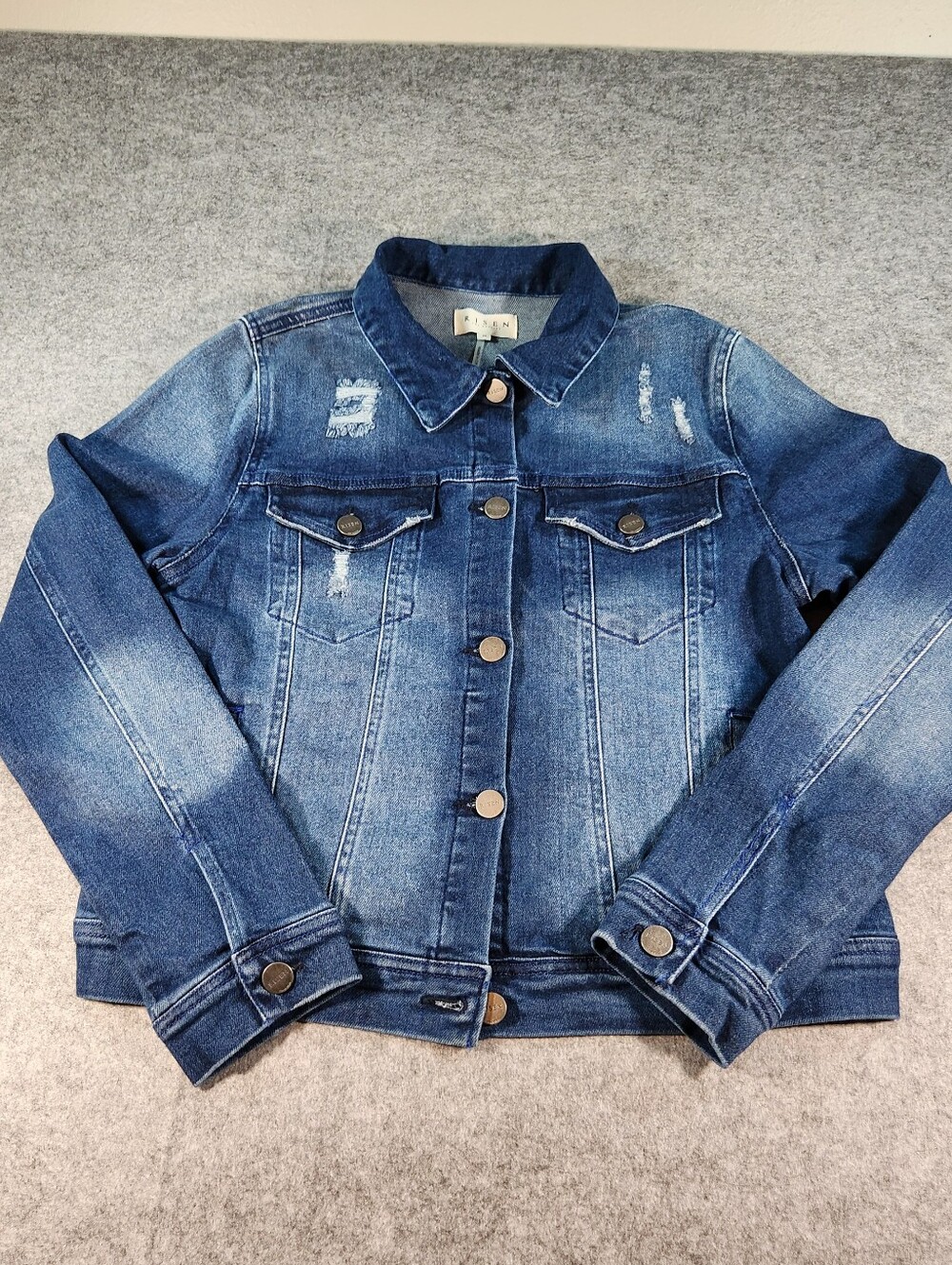 Risen Classic Blue Denim Jean Jacket with Light Distressing Size Medium